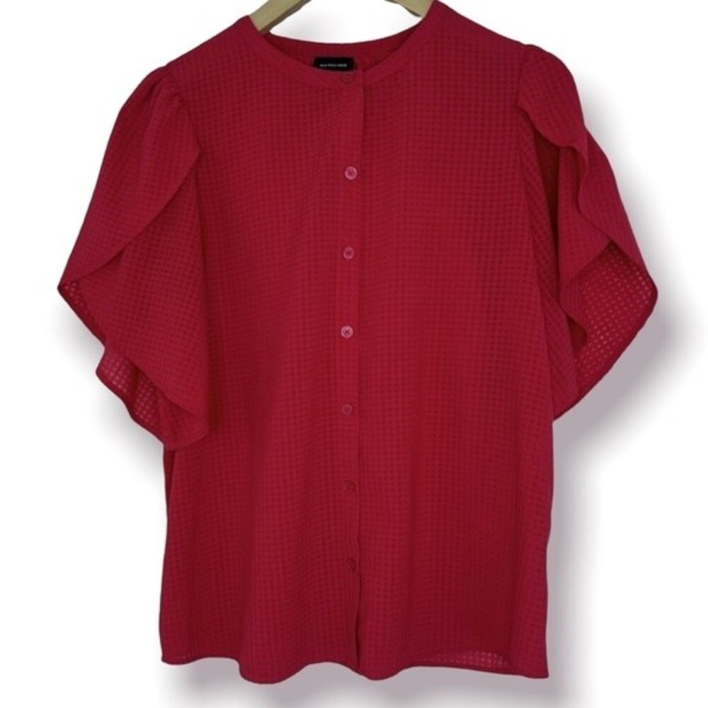 Who What Wear Top Bright Red Gingham Button Down Petal Sleeve Blouse